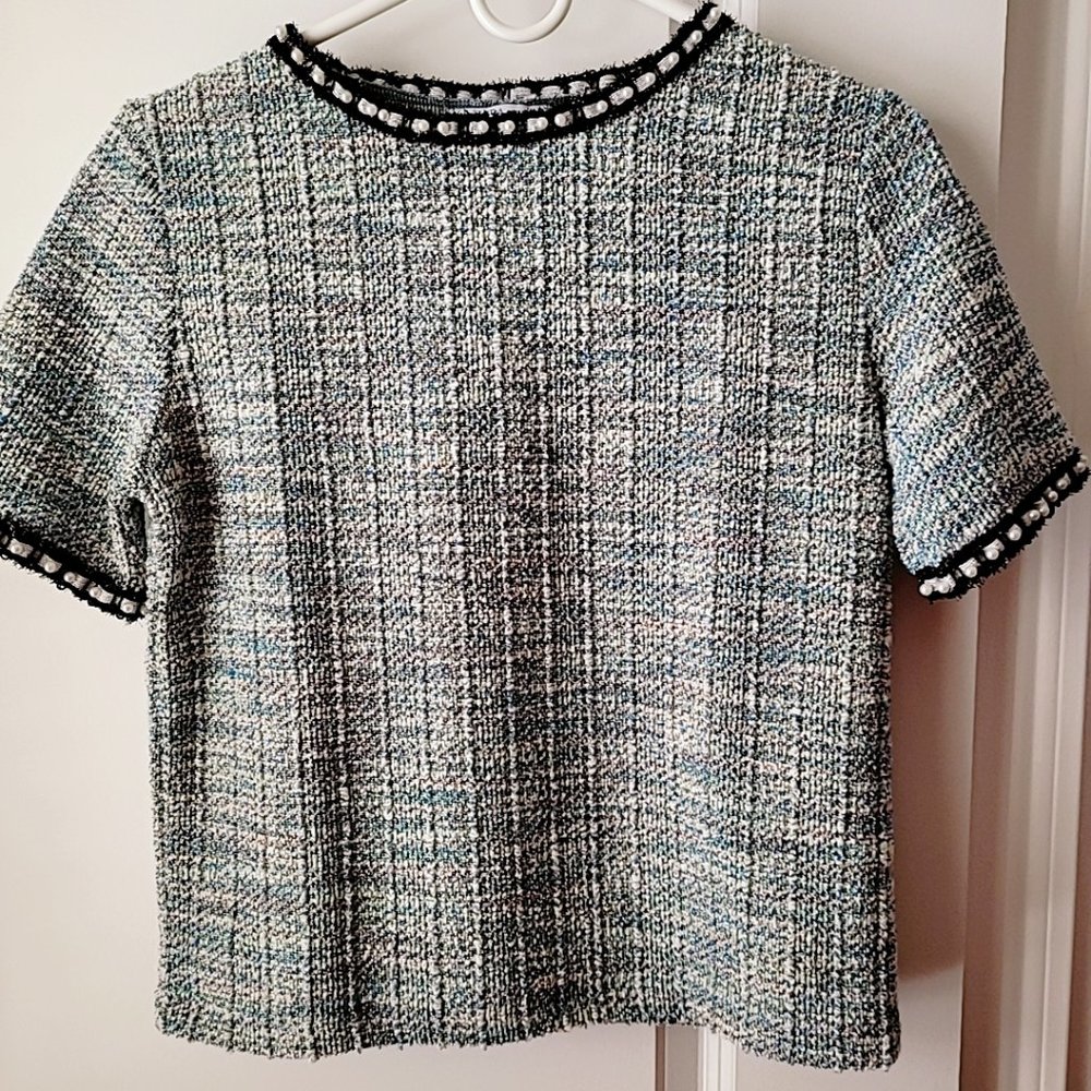 ZARA Trafaluc tweed knit top with pearl neckline